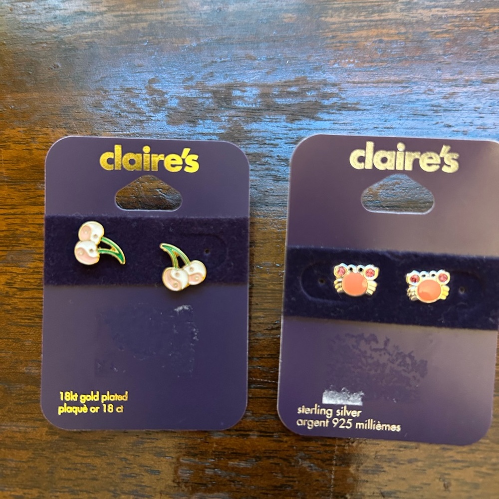 Claire's Cherry and Crab Earrings Set - Pink, Sterling Silver, Gold Plated, CZs